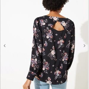 LOFT Black Floral Long-Sleeve Keyhole Back Top